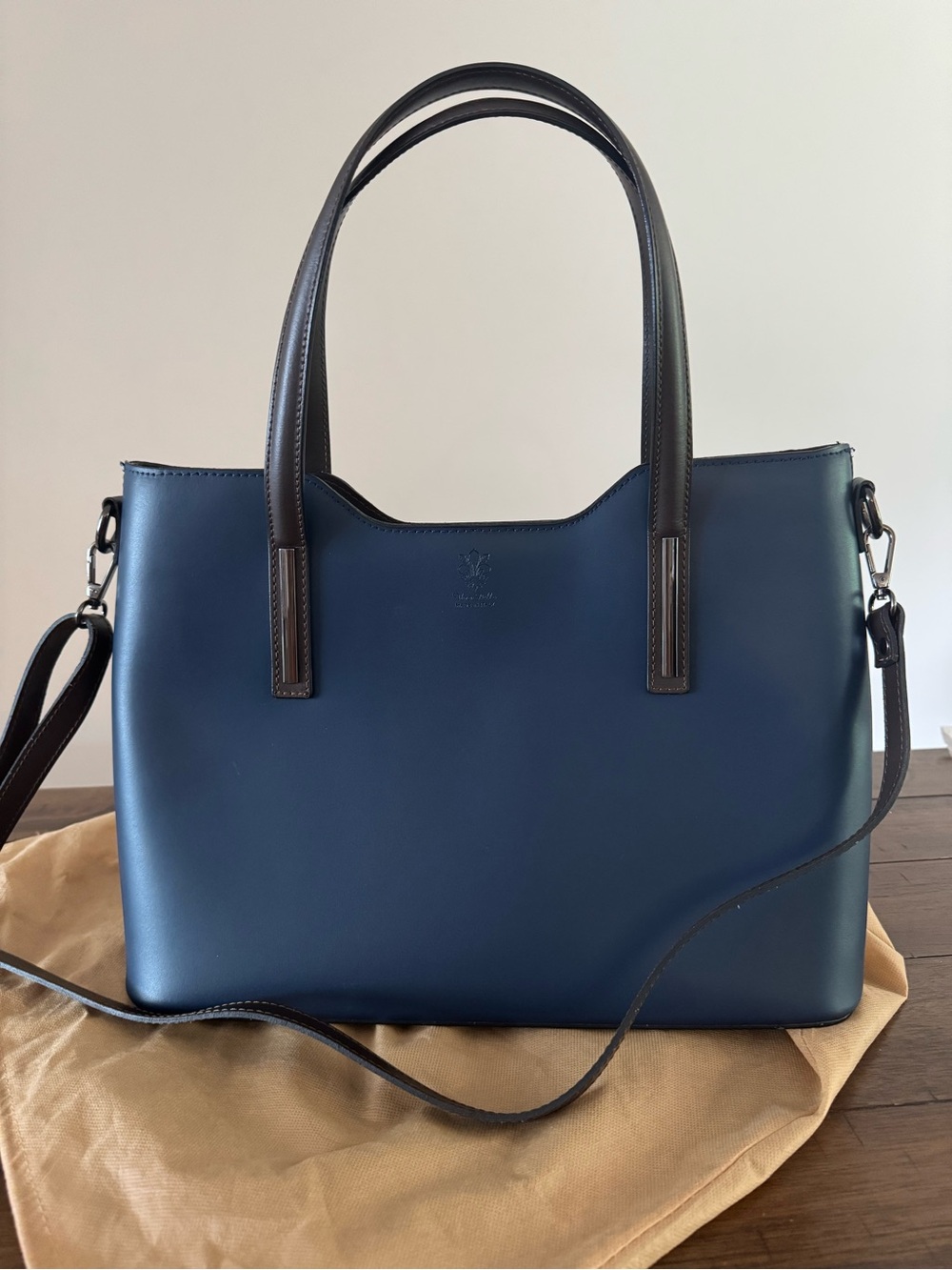 Women's Navy Blue Leather Tote with Dark Brown Trim - purchased in Venice Italy